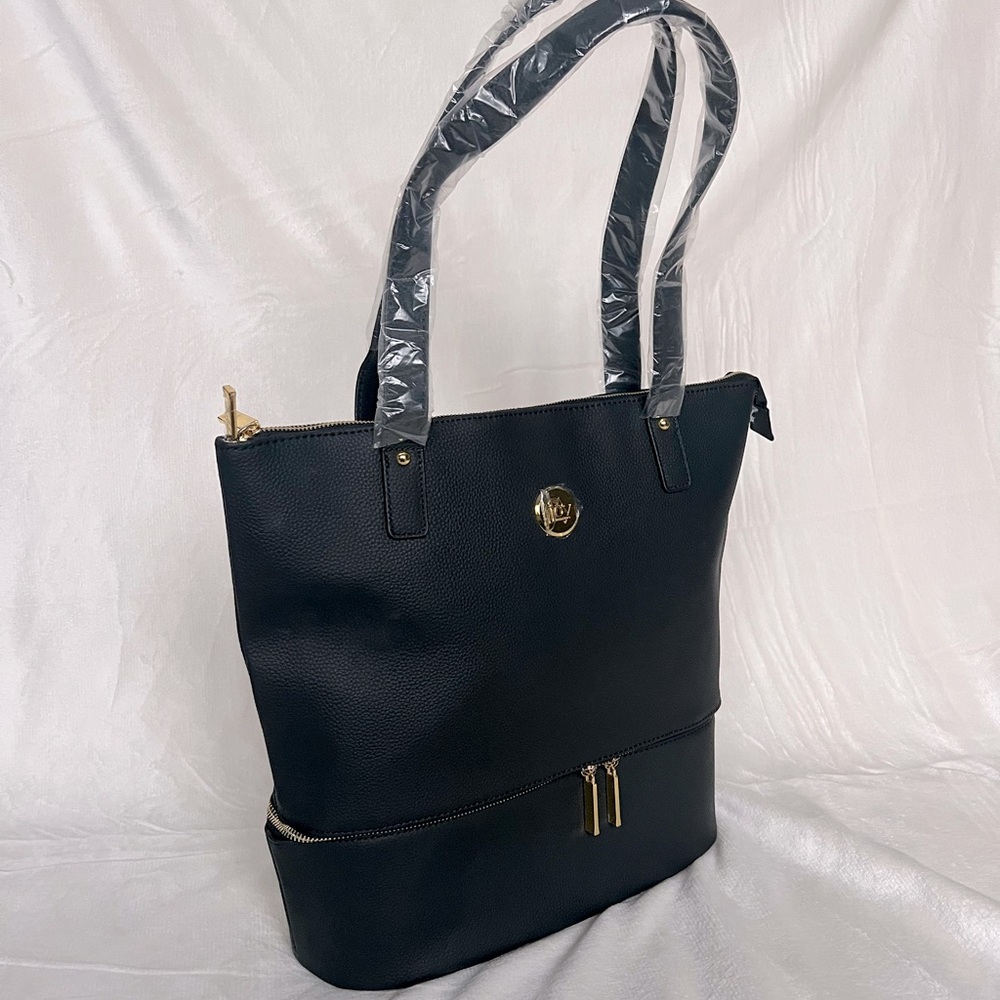 Joy Mangano Double Decker Leather Tote & Wristlet Set in Black